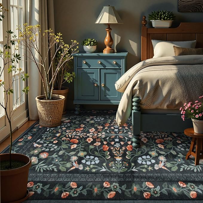 Lahome Floral Washable Area Rugs 8x10, Non-Slip Living Room Carpet Soft Tumble Washable Rugs for Bedroom Nursery, Vintage Botanical Print Carpet for Classroom Kids Room Dining Room, Black
