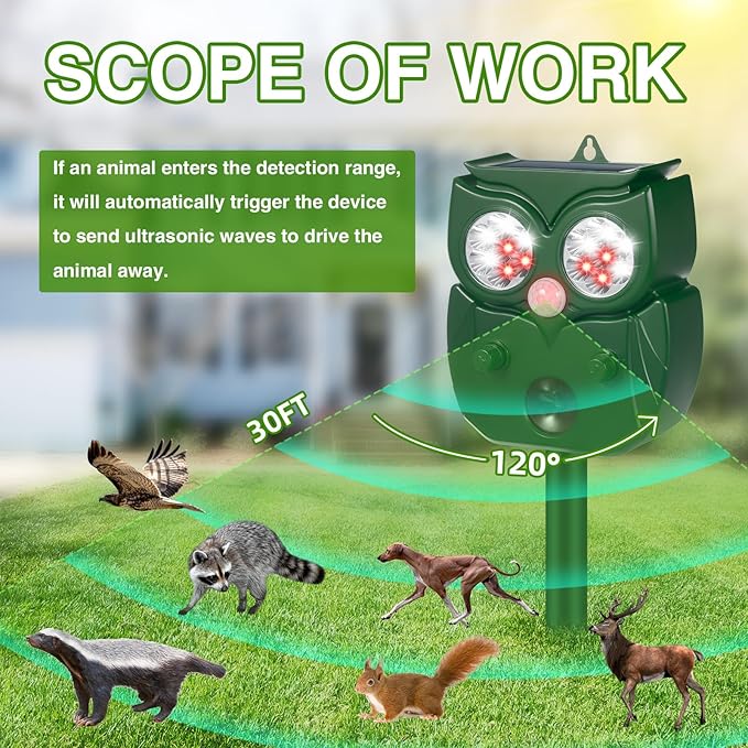 2025 Solar Ultrasonic Racoon Fortress Pro, Deer Cat Repellent Devices Animal Repeller Squirrel Rabbit Deterrent Outdoor with Motion Sensor&Flash Light to Scare Dog Skunk Out of Garden Yard(2Pack)