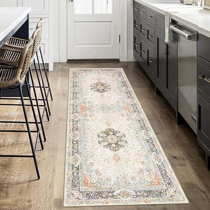 Washable Runner Rug 2x6,Vintage Rug Runners Non Slip,Long Boho Rugs for Hallways Kitchen Bedroom Entryway Living Room Bathroom,Bohemian Distressed Floor Carpet,Retro Blue Grey Floral
