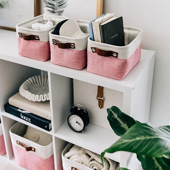 OrganiHaus Small Fabric Storage Baskets for Shelves 3 Pack, 12x08in Closet Storage Bins for Shelves, Canvas Baskets for Organizing, Linen Closet Organizers, Cloth Basket, Pink/Off-White
