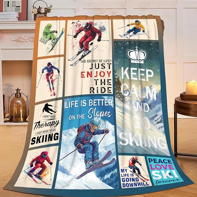 Dynova Skiing Blanket Cozy Plush Ski Lovers Throw Blankets Fuzzy Flannel Fleece Skiing Sports Gifts for Girls Boys Women Men 60"X50"
