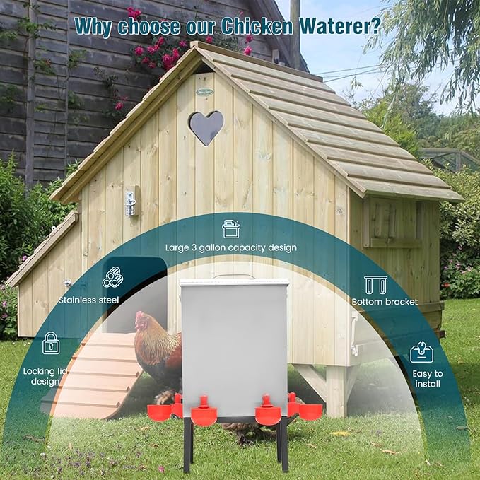 Chicken Waterer 3 Gallons,Stainless Steels Automatic Chicken Waterer ,Poultry Watering No Waste 4 Water Cups Chicken Waterer and 4 Horizontal Automatic Chicken Nipples,with Latch and Bottom Bracket