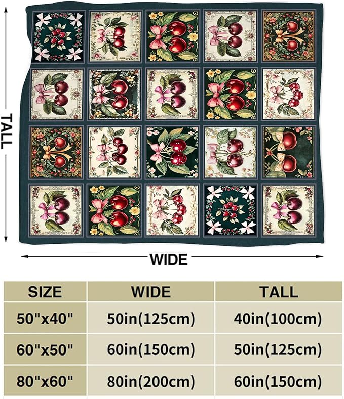 Cherry Blanket, Cherries Bow Throw Blanket, Preppy Gifts Blankets Stuff Fleece Flannel Plush for Girls Women Men Boys Lovers Adults Soft Bedding Gift for Sofa Bed Office Home Decor 40"X50"