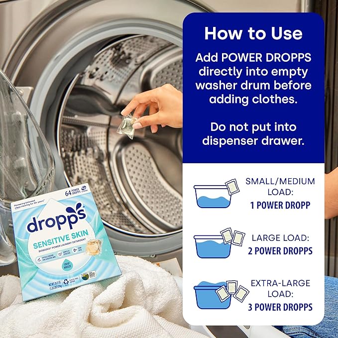 Dropps Sensitive Skin Laundry Detergent Pods, Crisp Breeze (160 Count) - Dermatologist Tested Laundry Pods - HE Compatible Laundry Supplies for Clean Clothes, Vegan & Dye-Free