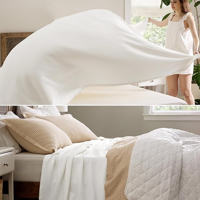 Bedsure 100% Cotton Large Blanket Oversized King for Bed 120x94 inches - Breathable Soft Cozy Herringbone Woven Blanket for Summer, Couch Cover, White