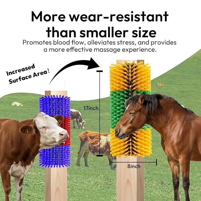 2PCS Livestock Scratching Brushes for Cattle Goats Horses Pigs and Sheep – Durable Farm Back Scratcher with Firm PP Bristles for Grooming and Massage – Easy Mount with 8 Screws