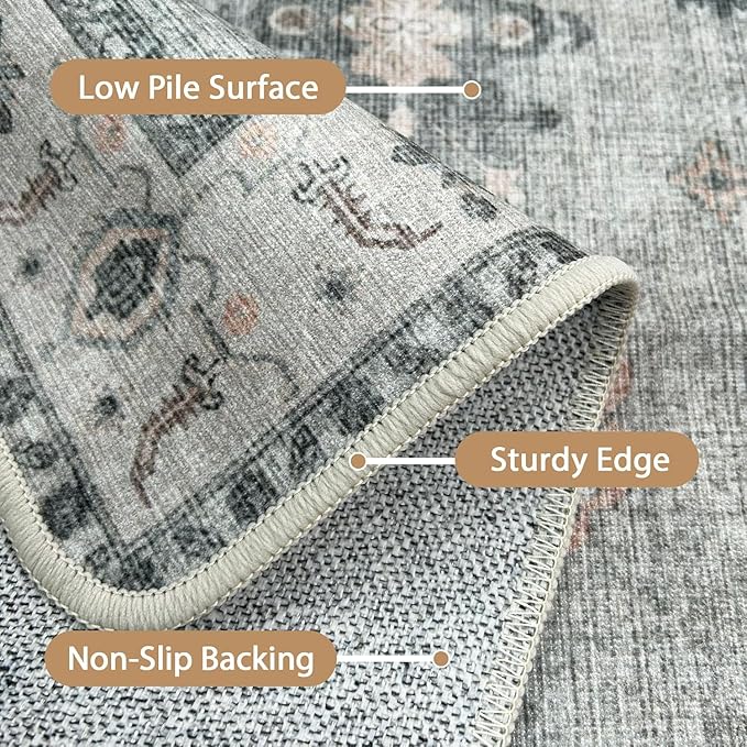 GENIMO 5X7 Area Rugs for Living Room, Machine Washable Non Slip Vintage Rugs, Low Pile Lightweight Chenille Print Rug for Bedroom, Dining Room, Home Office, Bluish Gray
