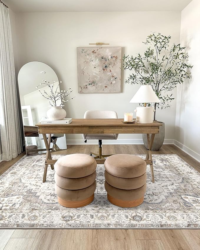 Washable Area Rug 8x10 - Large Cream Boho Rugs for Living Room Soft Vintage Bedroom Rug Ultra-Thin Farmhouse Oriental Distressed Carpet Non Slip Rug for Dining Room Guest Room Home Decor