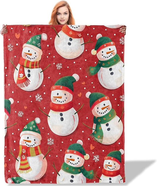 Red Snowmen Throw Blanket 50"x60", Festive Winter Blankets for Holiday Home Decor, Soft Flannel Polyester Cozy Warm for Kids Adults