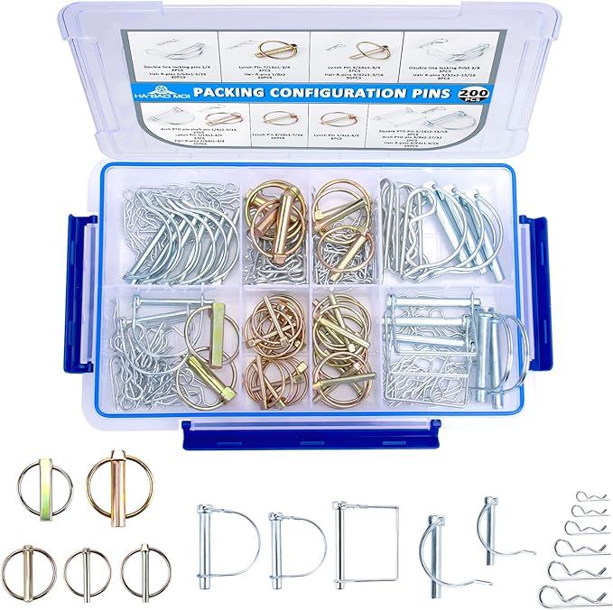 200Pcs Heavy Duty Pin Assortment Kit - Hitch Pins R Clip Hair Pins- Lynch Pins - PTO Pins - Shaft Locking Pins - for Trucks Trailers Tractors Mowers 3 Point Accessories, Vans etc