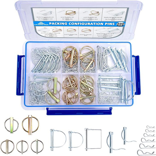 200Pcs Heavy Duty Pin Assortment Kit - Hitch Pins R Clip Hair Pins- Lynch Pins - PTO Pins - Shaft Locking Pins - for Trucks Trailers Tractors Mowers 3 Point Accessories, Vans etc