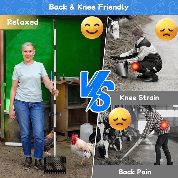 FHTONGE Heavy Large 2-in-1 Chicken Poop Scoop and Rake with Grip, Adjustable 5 Lenghts 22-74" Metal Chicken Coop Scooper for Sand Hay Bedding Litter, Sifting Shovel for Farm Livestock Poultry Garden