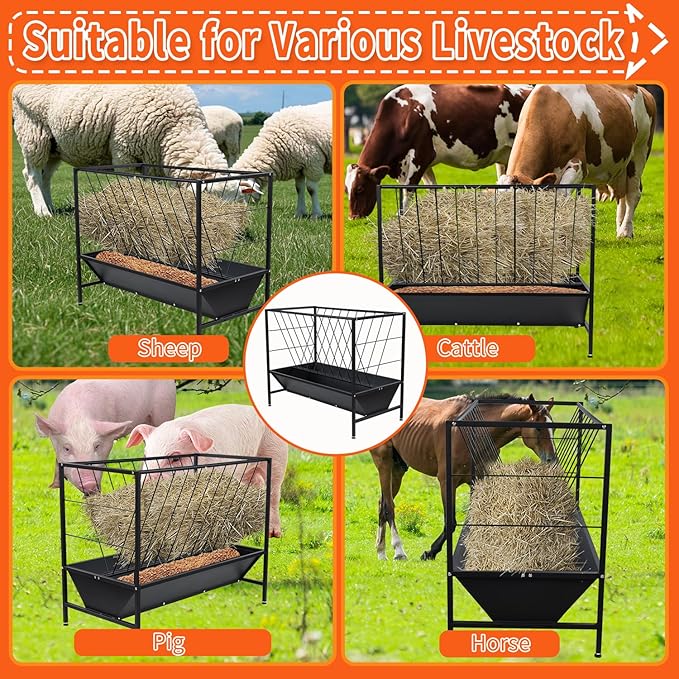 Yahpetes Pasture Hay Feeder 2 in 1 Goat Feeder 69 Gallon Capacity Livestock Rack 42.9''L X 20.5''W Hay Grain Livestock Feeder with V-Shaped Top Rack & Feed Pan for Sheep Farms Sheds