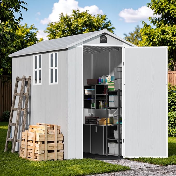 Devoko 4×8 FT Resin Outdoor Storage Shed, Garden Shed with Floor, Lockable Door and Two Windows, Waterproof Outside Plastic shed for Backyard, Bike, Tools, Lawn Mower, Light Grey