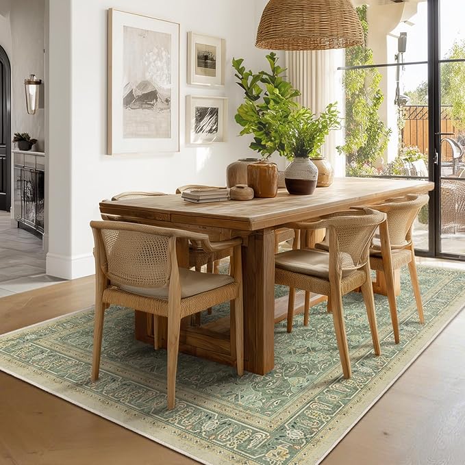 Sage Green 5x8 Area Rug, Non Slip Washable Rugs for Living Room Bedroom Low Pile Thin Soft, Boho Floral Moroccan Pattern Printed Carpet Rug for Nursery Playroom Dining Room Home Office