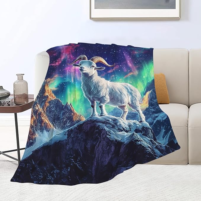 Goat Blanket Aurora Mountain Goat Animal Lover Throw Blankets Gifts for Girls Boys Kids Soft Cozy Fleece Plush for Couch Sofa Bed 60"x50"