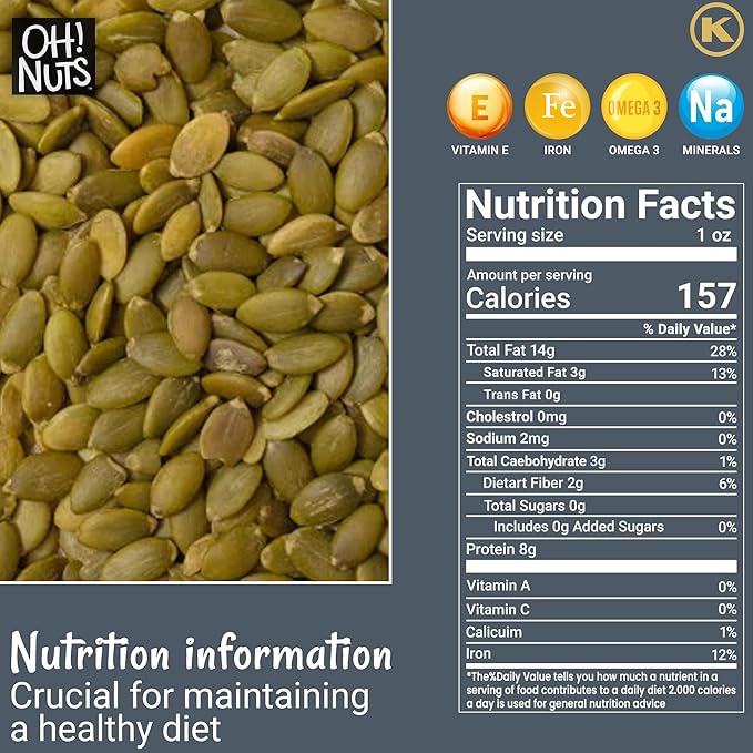 Oh! Nuts Pumpkin Seeds - Dry Roasted Unsalted - 2 lb - All-Natural Protein Power Unshelled Pepitas - Packed in New York Zip-Seal Bag for Exceptional Freshness