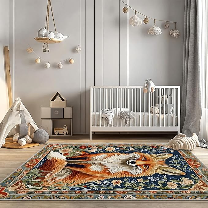 5x7 Fox Area Rugs Boho Floral Flower Rug for Living Room Indoor Soft Non-Slip Thin Large Carpet Vintage Rugs for Bedroom Home Decor Under Table Washable Machine