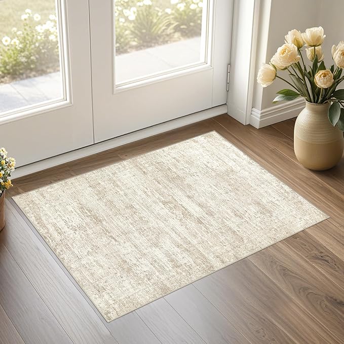 2x3 Entryway Area Rug: Washable Neutral Modern Abstract Small Rug - Non-Slip Low Pile Throw Indoor Carpet for Entrance Kitchen Front Door Mat Bathroom Entry Kids Room - Dark Brown - Beige/Brown