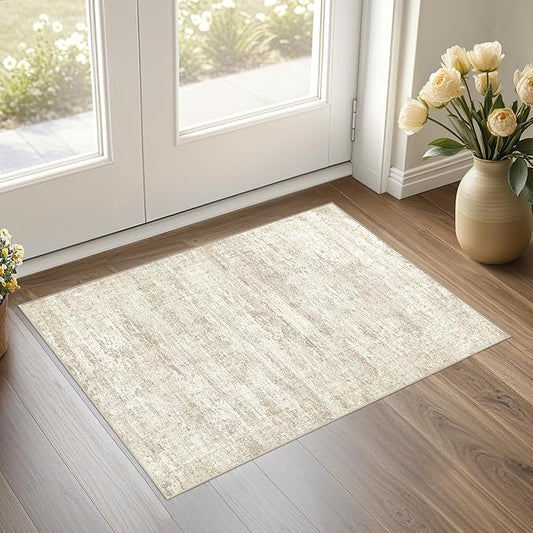 2x3 Entryway Area Rug: Washable Neutral Modern Abstract Small Rug - Non-Slip Low Pile Throw Indoor Carpet for Entrance Kitchen Front Door Mat Bathroom Entry Kids Room - Dark Brown - Beige/Brown