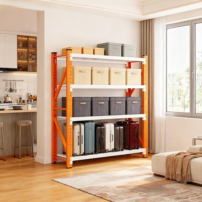 4-Tier Storage Shelves,79" H Heavy-Duty Garage Shelving Unit,Adjustable Metal Industrial Shelf System,3,000lbs Capacity,Tool Organizer for Garage,Workshop,42" W x 20" D x 79" H,Orange&White