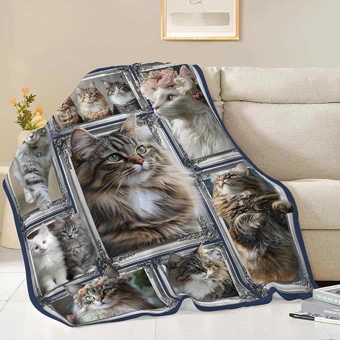 Maine Coon Cat Blanket Cute Kitten Throw Blankets Gifts for Girls Boys Kids Cat Lover Soft Cozy Fleece Plush for Couch Sofa Bed 80"x60"