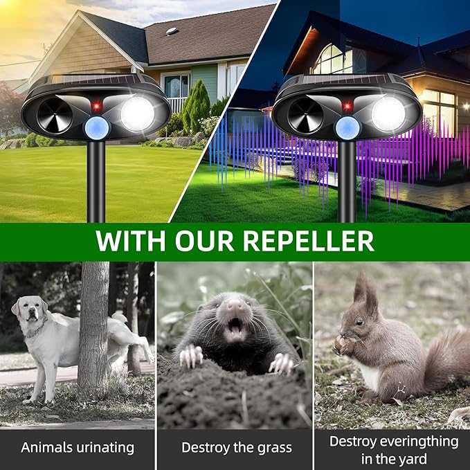 Upgraded Solar Animal Repellent Outdoor Deer Repellent Devices Cat Deterrent with Motion Sensor & Flashing Light,Ultrasonic Control for Squirrel Raccoon Dog Rabbit Skunk for Yard Garden, 2 Pack Black