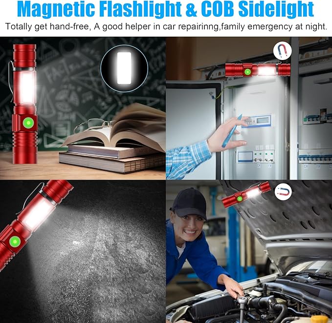 Hoxida Flashlight USB Rechargeable, Magnetic LED Flashlight, Super Bright LED Tactical Flashlight with Cob Sidelight, Waterproof, Zoomable Best Small LED Flashlight for Camping, Emergency -Red