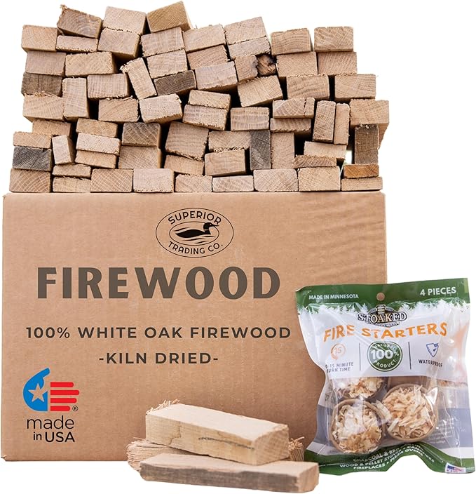 Superior Trading Oak Mini Fire Wood w/Fire Starter Pods, Winter Fireplace Starter, Wood Stove, USDA Cert 4-5” Kiln Dried Firewood, USA Made, 10-11 lbs in Plastic Storage Box