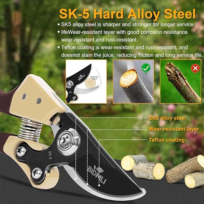 Heavy Duty Pruning Shears，Garden Scissors & Clippers with Red-BIDMLI 8.66" SK5 Steel Blades & Aluminum Alloy Handles, Tree Branch Cutter, Ideal for Thick Branches, Dry Twigs, Flower Pruning Tool.