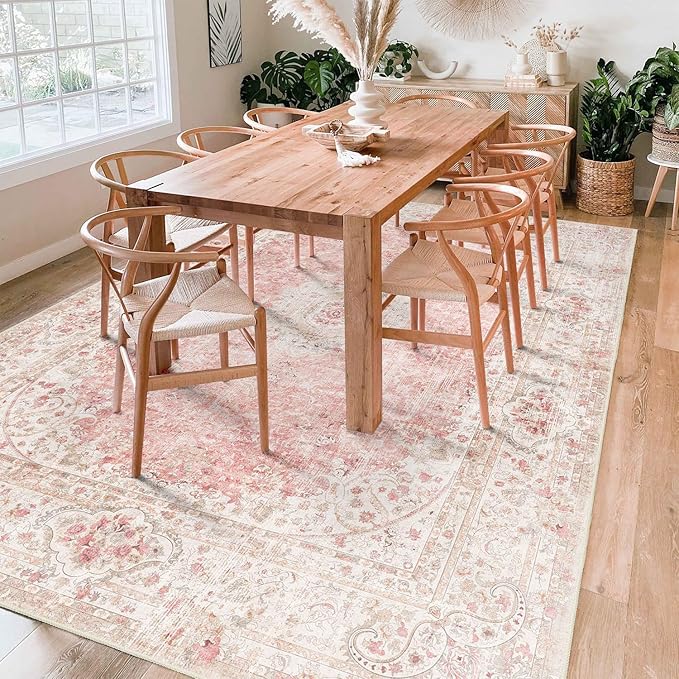 6x9 Area Rugs Washable,Pink Rug for Living Room Bedroom Kitchen,Large Boho Vintage Bohemian Distressed Carpet Non Slip,Blush