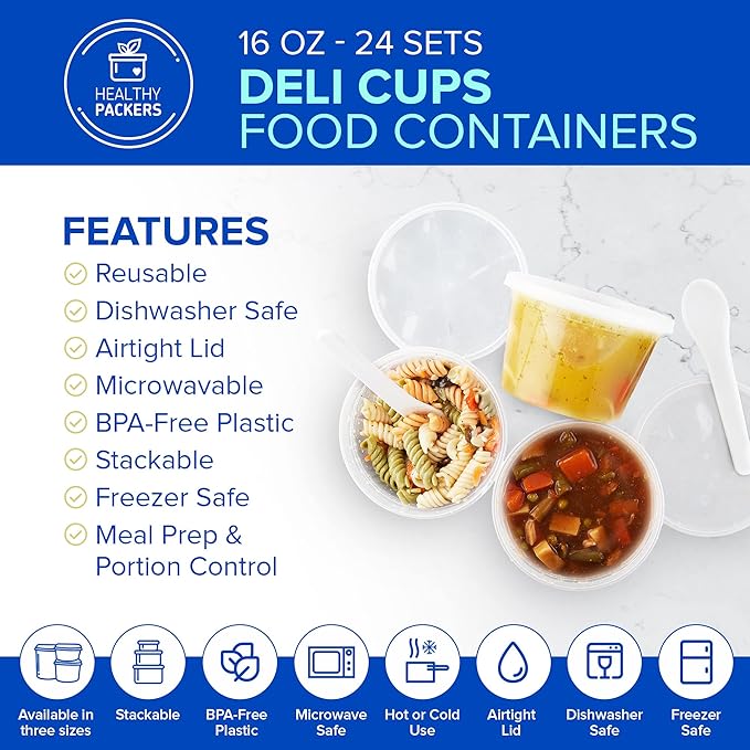 Healthy Packers 16oz Food Storage & Soup Containers with Airtight Lids - Clear Plastic Deli Cups - Great for Your Slime Kit - BPA Free | Leakproof - Microwaveable - Reusable & Freezer Safe (24 pack)