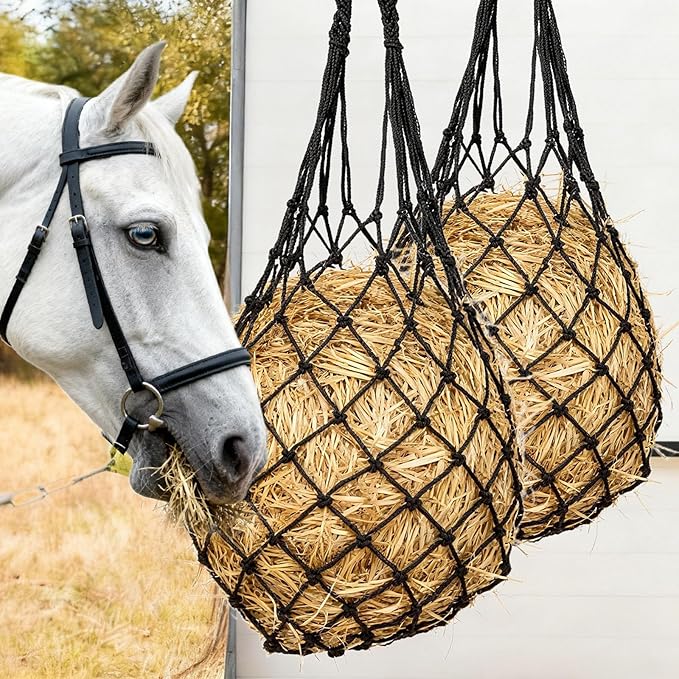 2-Pack Hay Bags for Horses,Large Slow Feed Hay Feeder for Goats,Sheep & Donkeys,Extra Strong Nylon Hay Bag for Trailers, Barns & Pastures,Easy Fill Design,Promote Healthy Grazing