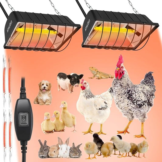Chicken Coop Heater Lamp, Carbon Fiber Heat Lamp with 175W and 250W Bulbs, Brooder Heater with Guard, Ideal for Poultry, Livestock & Small Pets (2 pc Black Lamp(2 Light Frame + 4 Lamp Tubes))