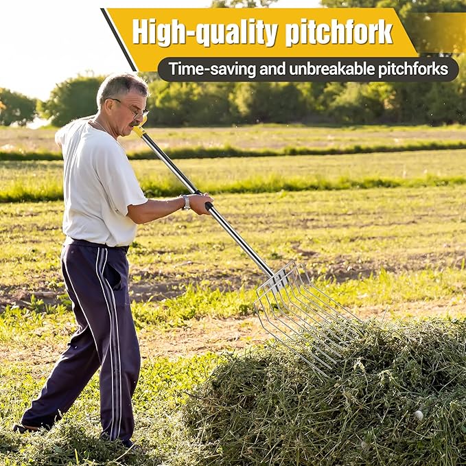 Pitchfork for Gardening, 50" Multifunctional Stainless Steel Garden Pitchfork with Handle, Suitable for Shoveling, Fertilizing, Transplanting, Mulching Garden Fork - 10 Tines
