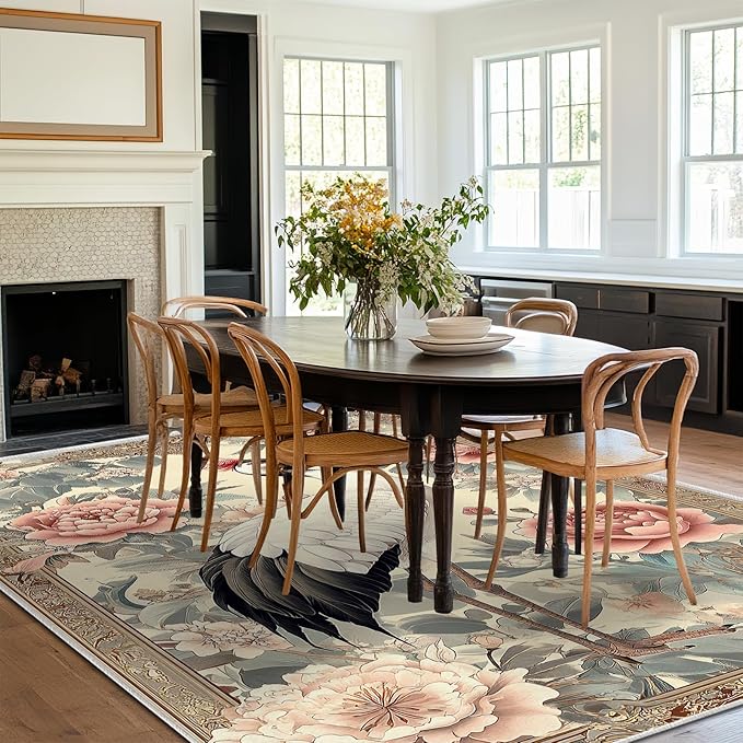 8x10 Crane Area Rugs Boho Japanese Crane Floral Rug for Living Room Indoor Soft Non-Slip Thin Large Carpet Beige Rugs for Bedroom Home Decor Under Table Washable Machine