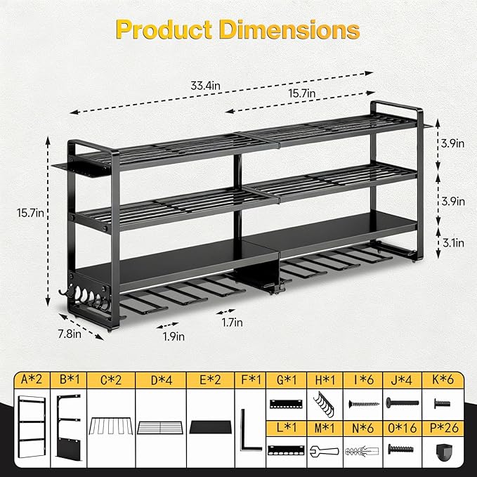 Heavy Duty 4-Tier Wall Mount Tool Rack, 8-Drill Holder & Charging Station, 400lb Load Shelf for Garage Workshop Organization