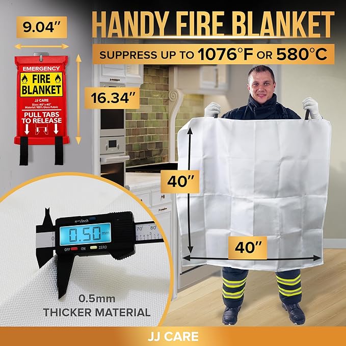 JJ CARE Fire Blanket – 4 Packs with Hooks and Gloves – 40” x 40” Fire Blankets Emergency for Home and Kitchen, High Heat Resistant and Flame Protection for Kitchen, Car, Office, Camping & Home Safety