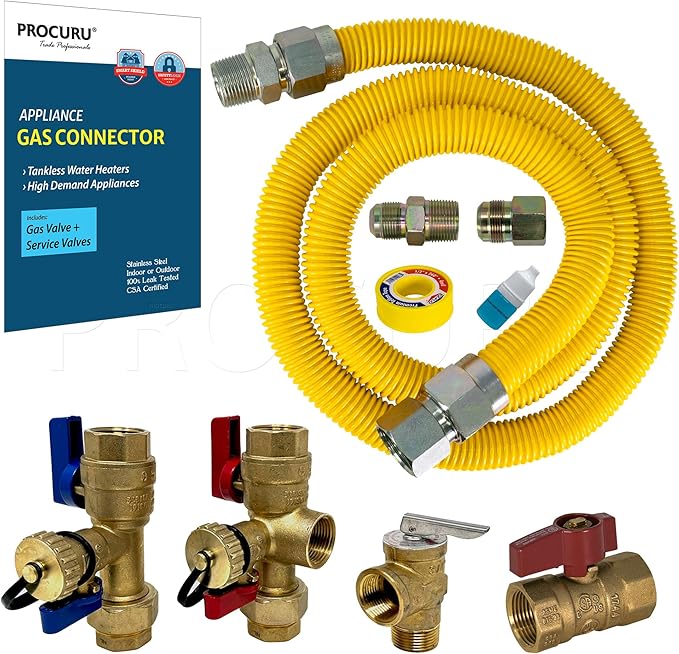PROCURU 1" OD x 48" (4Ft) x 3/4"MIP x 3/4"FIP Flexible Gas Connector Kit, with Gas Valve and Service Valve Kit (FxF), WP Stainless Steel MaxFlow Tubing for Tankless Water Heater (Blue-E1 Series)