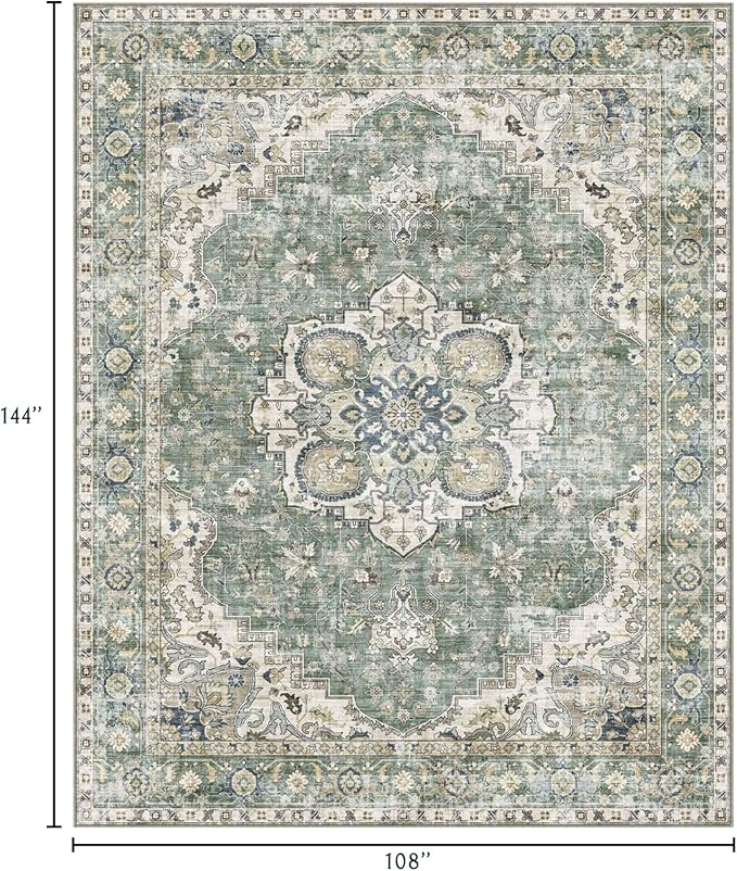 Area Rugs 9x12 Living Room - Large Washable Sage Green Boho Rugs for Bedroom Soft Vintage Rug Ultra-Thin Farmhouse Oriental Medallion Carpet Non Slip Rug for Dining Room Guest Room Home Decor