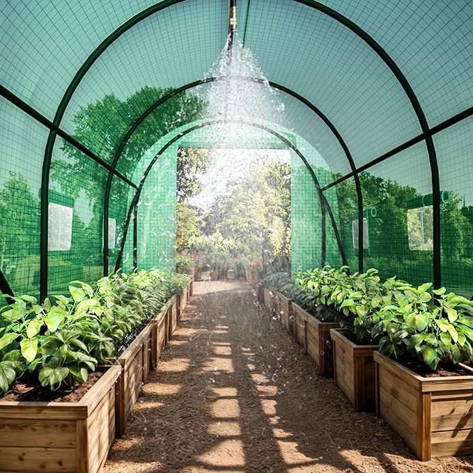 Greenhouse with Watering System, 10x10x7 Outdoor Greenhouses with 6 Mesh Windows and 1 Door, Easy Water and Irrigate Plants Green House (Green, 10x10x7 ft w/ Irrigation System)