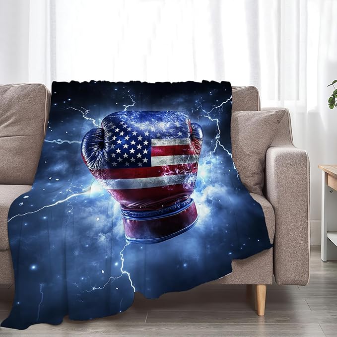 Boxing Throw Blanket Cozy Plush American Flag Gloves Blankets Flannel Fleece Lightweight Fuzzy Party Blanket Gifts for Girls Women Men Boys 60"X50"