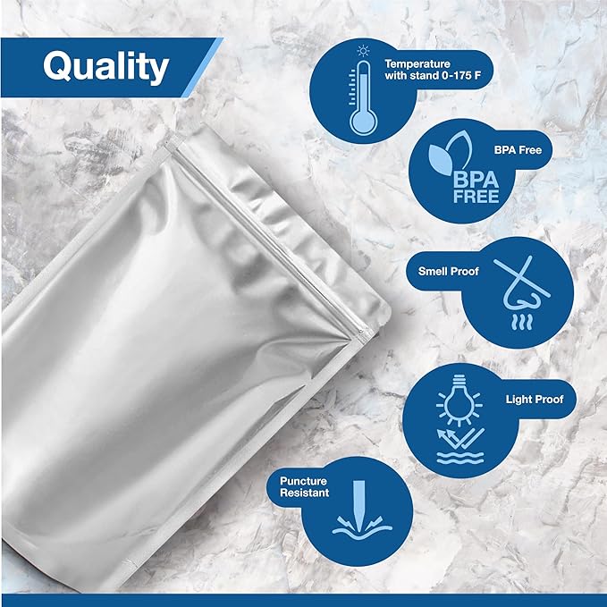 BELLE KR® 50 Pcs 2 Quart Mylar Bags for Food Storage - 8"x12" - 10 Mil Thick - Stand Up Mylar Ziplock Bags Resealable & Heat Sealable for Long Term Food Storage