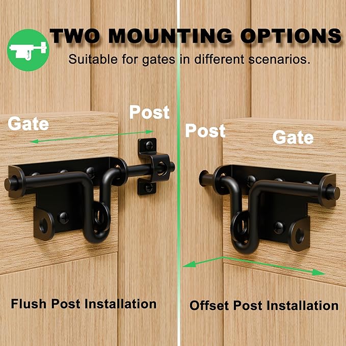 Heavy Duty Slide Bolt Gate Latch for Wooden Fence, 2 Way Barn Door Latch with Padlock Hole, Offset and Flush Mounted Gate Latch for Outdoor Gates/Yard Fence/Shed Door, Black, 2 Pack