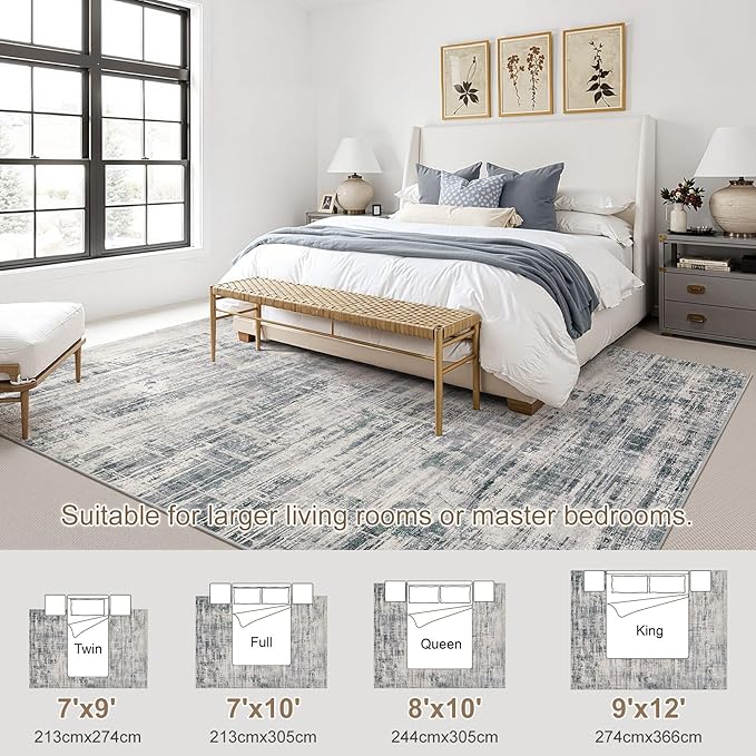 Area Rug for Living Room: 9x12 Washable Neutral Abstract Modern Soft Rugs Non Slip Indoor Floor Stain Resistant Large Carpet for Bedroom Dining Room Office Nursery - Gray