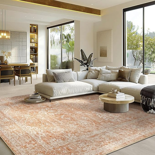 Madane 8x10 Area Rugs for Living Room, Machine Washable Vintage Rug with Non-Slip Backing, Soft Floral Print Large Throw Rugs, Thin Carpet for Bedroom Dining Room Farmhouse (8 x 10, Jasper Orange)
