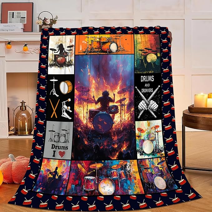 Music Blanket,Drums Set Throw Blanket, Rock Music Gifts Blankets Stuff Fleece Flannel Plush for Girls Women Men Boys Lovers Adults Soft Bedding Gift for Sofa Bed Office Home Decor 80"x60"