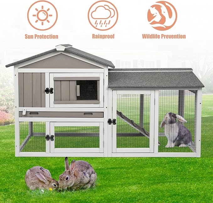 Rabbit Hutch Indoor Outdoor Bunny Cage with Pull Out Tray,2 Story Wooden Rabbit Cage with Weatherproof Asphalt Roof,Guinea Pig Cage with Ventilation Doors,Ramp for Small Animals 114" L Grey