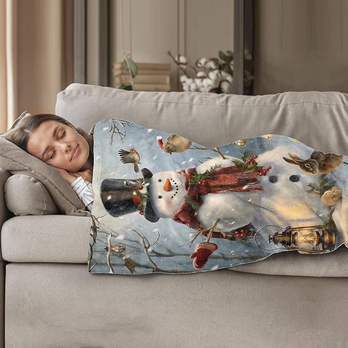 Snowman and Woodland Animals Throw Blanket 40"x50", Winter Scene Blankets for Living Room Bedroom Decor, Soft Flannel Polyester Warm Cozy for Kids Adults