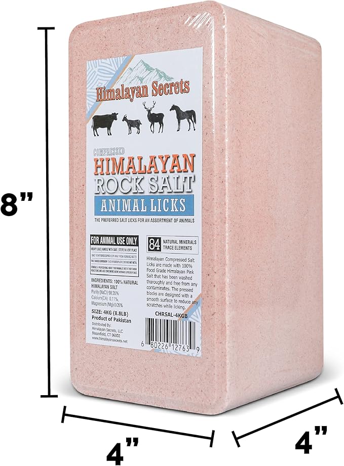 Himalayan Secrets Compressed Pink Salt Lick Brick for Livestock & Wildlife, Pure & Natural Feed Salt Block, Minerals & Trace Elements, No Additives, Durable & Long Lasting, 8.8LB (4KG)